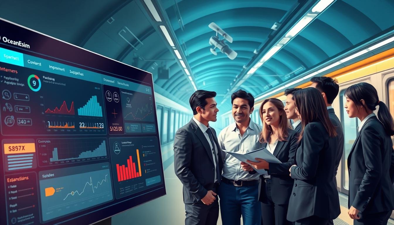 A detailed and professional illustration representing "OceanEsim Signal Improvement Suggestions." In the foreground, there's a sleek digital dashboard displaying various signal metrics and enhancement tools, designed with a modern interface. In the middle ground, a diverse group of professionals in business attire is discussing improvement strategies, their faces focused and engaged. In the background, an abstract depiction of a subway station blends seamlessly with indoor environments, showcasing signals traveling through walls and tunnels. Soft, ambient lighting casts a warm glow on the scene, with a slight depth-of-field effect to enhance focus on the foreground. The mood is collaborative and innovative, emphasizing a forward-thinking approach to signal improvement in urban environments.