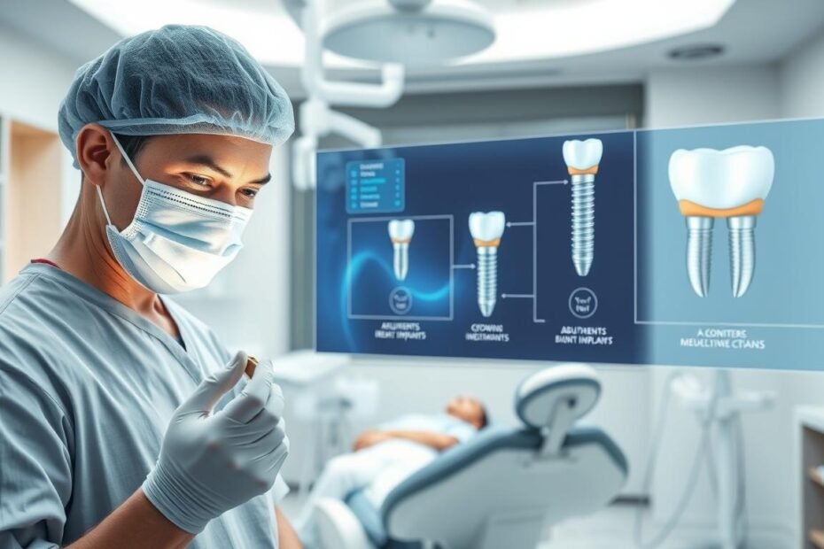 A detailed illustration of the dental implant process in Hong Kong. Foreground: a professional dentist in a surgical mask and scrubs, carefully holding a dental implant component, showing precision and focus. Middle: a dental chair with a patient reclining, in a clean, modern dental clinic, illuminated by bright, soft white lighting that creates a sterile environment. Background: technical visuals of dental implants, abutments, and crowns displayed on a digital screen, with annotations highlighting their structures and functions. The atmosphere should be reassuring and informative, with a color palette of calming blues and whites to evoke a sense of trust and professionalism. The image must be clear, well-defined, and visually engaging without any text or overlays.