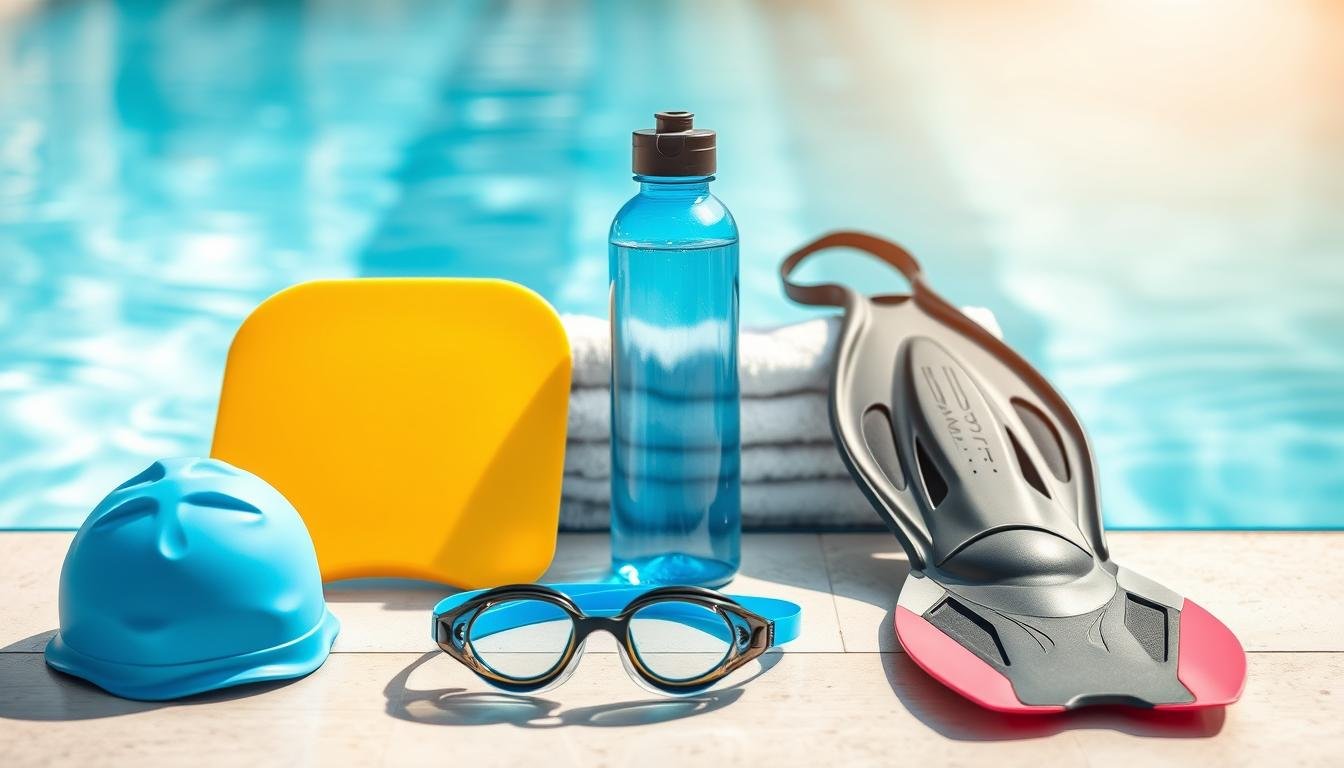 A visually appealing composition showcasing essential swimming gear recommended for participants in a swimming club. Foreground features neatly arranged items such as a swim cap, goggles, a kickboard, and a pair of swimming fins. In the middle, display a well-organized towel and water bottle, emphasizing hydration. The background presents a blurred swimming pool with soft ripples reflecting sunlight, adding an atmosphere of readiness and excitement. The scene should be brightly lit, as if under natural daylight, to evoke a vibrant and energetic mood. The composition should be captured from a slightly elevated angle, ensuring all items are clearly visible and inviting.