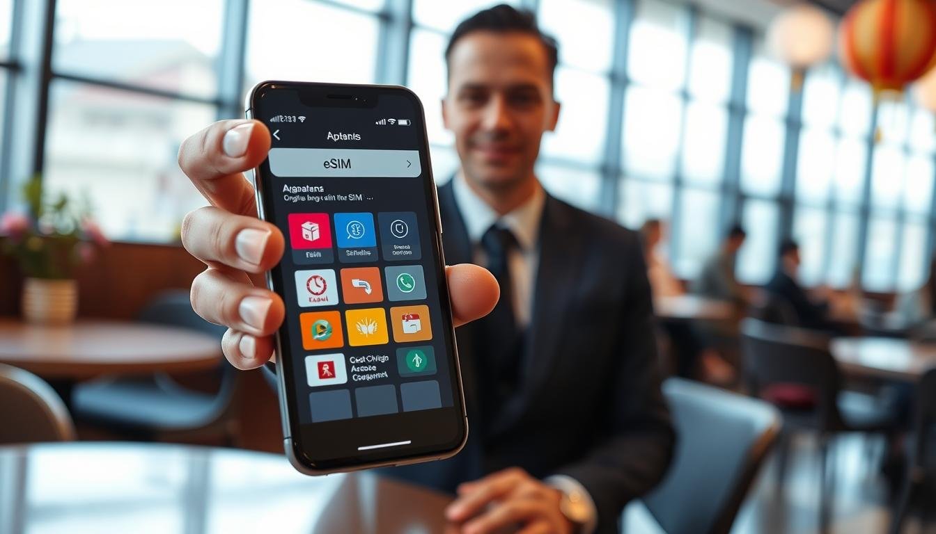 A close-up view of a sleek smartphone displaying a digital eSIM configuration screen, prominently featuring various Japanese eSIM options with vibrant colors and icons. In the foreground, the phone is held by a professional-looking individual in business attire, showing their focused expression. The middle ground includes a blurred cafe setting with soft light filtering through large windows, suggesting a modern, tech-savvy environment. In the background, subtle hints of Japanese culture, such as cherry blossoms or traditional lanterns, are softly blended into the scene. The overall mood is informative and engaging, with natural lighting emphasizing the importance of staying connected while traveling in Japan. The composition should be inviting, professional, and visually appealing, drawing attention to the smartphone and its eSIM features.
