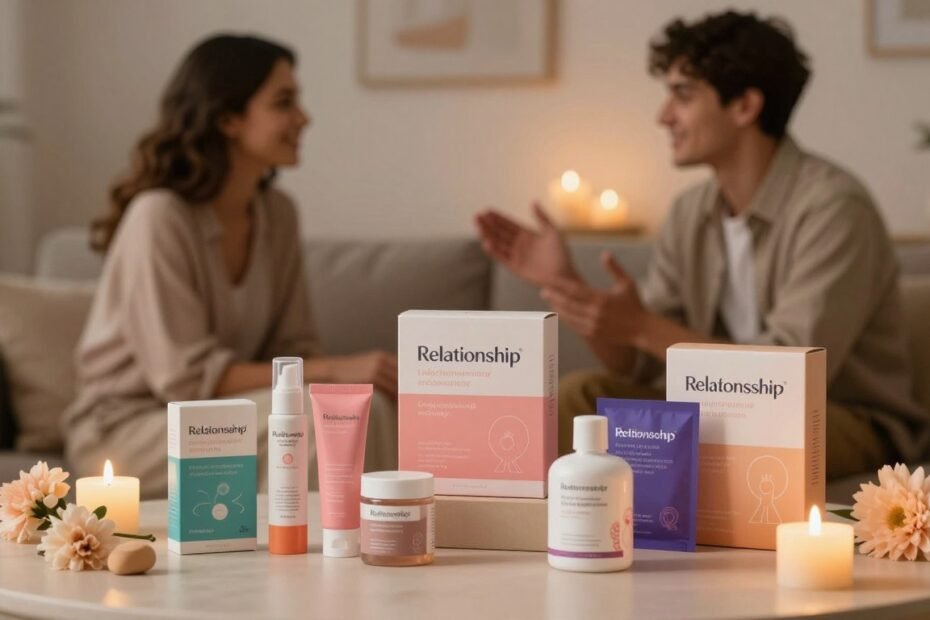 A cozy, intimate setting showcasing a variety of tasteful and colorful relationship enhancement products artistically arranged on a soft, neutral-toned surface. In the foreground, a selection of these products is displayed in elegant packaging, hinting at their diverse functions and designs, surrounded by subtle decorative elements like softly glowing candles and fresh flowers. The middle ground captures a couple engaging in conversation, dressed in casual yet stylish attire, exuding warmth and connection. The background features a softly lit room with romantic lighting, creating a welcoming atmosphere. The image is captured with a slightly blurred depth of field, emphasizing the products while maintaining a warm, cinematic vibe. The overall mood is inviting and professional, perfect for discussing the benefits of exploring relationship-enhancing experiences.