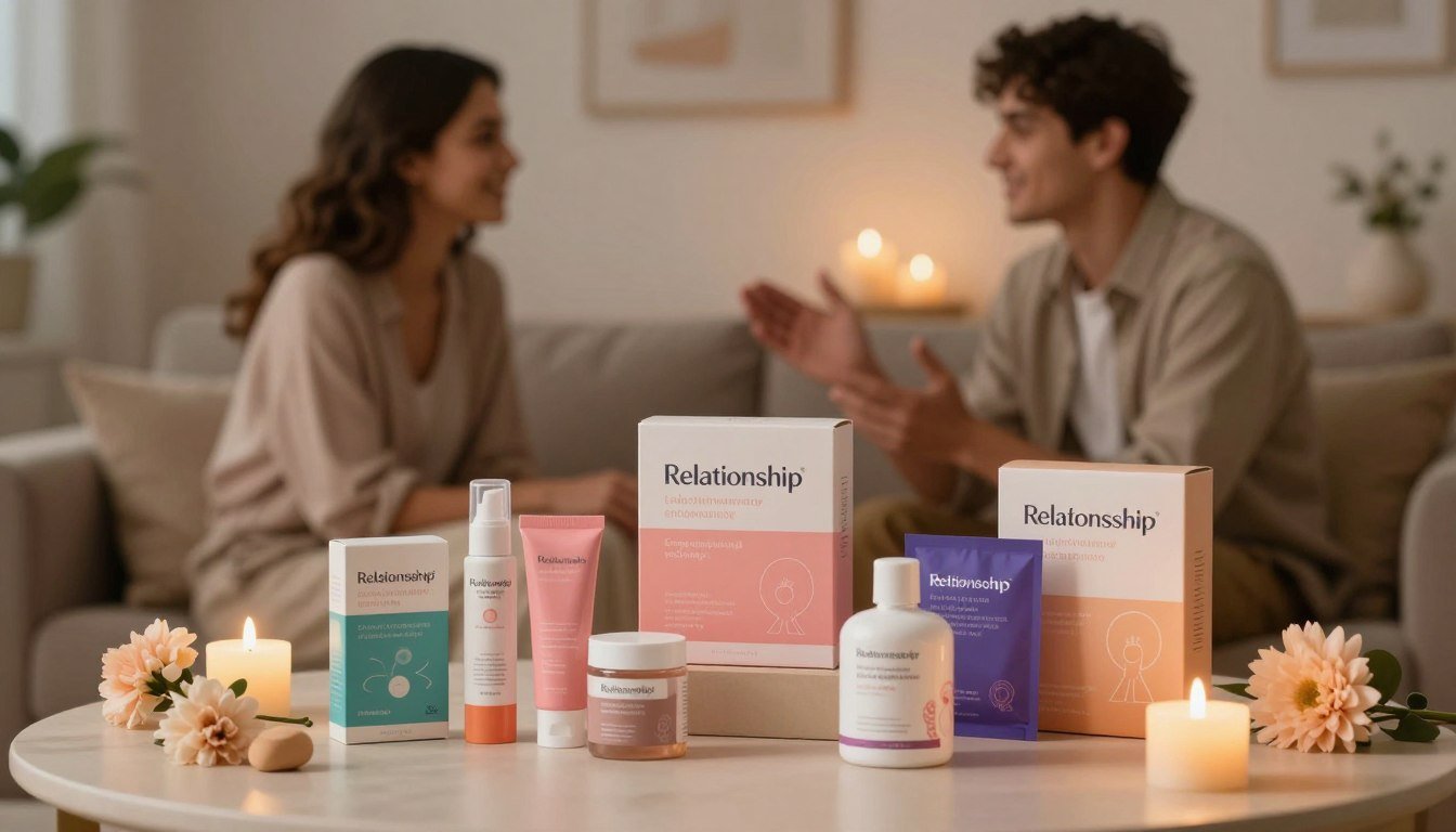 A cozy, intimate setting showcasing a variety of tasteful and colorful relationship enhancement products artistically arranged on a soft, neutral-toned surface. In the foreground, a selection of these products is displayed in elegant packaging, hinting at their diverse functions and designs, surrounded by subtle decorative elements like softly glowing candles and fresh flowers. The middle ground captures a couple engaging in conversation, dressed in casual yet stylish attire, exuding warmth and connection. The background features a softly lit room with romantic lighting, creating a welcoming atmosphere. The image is captured with a slightly blurred depth of field, emphasizing the products while maintaining a warm, cinematic vibe. The overall mood is inviting and professional, perfect for discussing the benefits of exploring relationship-enhancing experiences.