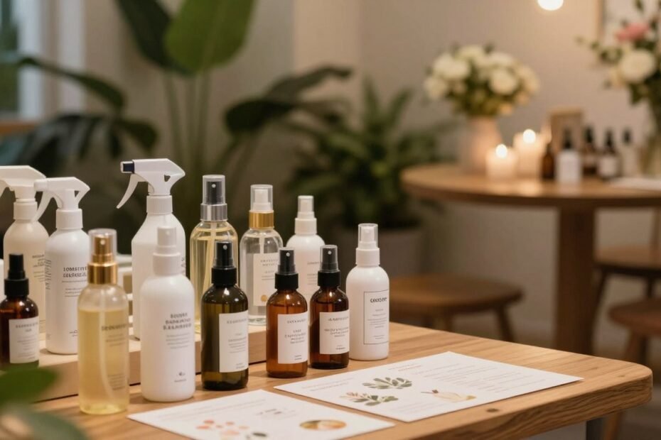 A professional and elegant buying guide for long-lasting sprays, set in a cozy and intimate atmosphere. In the foreground, display a beautifully arranged selection of spray bottles, showcasing various colors and designs, with ingredients chart artfully laid out beside them. In the middle ground, include a stylish wooden table and a soft-focus background featuring a softly lit, romantic setting filled with lush plants and gentle decorative elements. Soft, warm lighting creates a welcoming ambiance, while a cinematic depth of field draws attention to the products. Capture the essence of thoughtful consideration, with an inviting composition that reflects the subject of consumer choices in a sophisticated manner. The image should evoke a sense of romance and practicality, ideal for couples seeking quality. 4:3 aspect ratio.