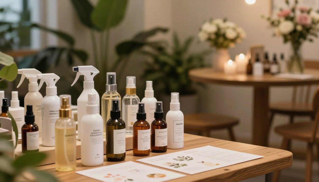 A professional and elegant buying guide for long-lasting sprays, set in a cozy and intimate atmosphere. In the foreground, display a beautifully arranged selection of spray bottles, showcasing various colors and designs, with ingredients chart artfully laid out beside them. In the middle ground, include a stylish wooden table and a soft-focus background featuring a softly lit, romantic setting filled with lush plants and gentle decorative elements. Soft, warm lighting creates a welcoming ambiance, while a cinematic depth of field draws attention to the products. Capture the essence of thoughtful consideration, with an inviting composition that reflects the subject of consumer choices in a sophisticated manner. The image should evoke a sense of romance and practicality, ideal for couples seeking quality. 4:3 aspect ratio.