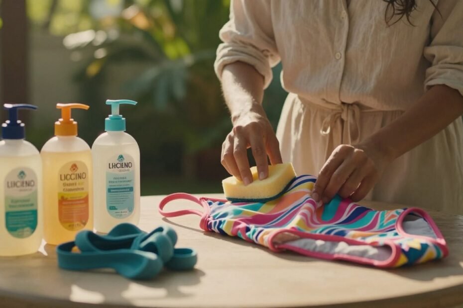 A serene and inviting scene portrays a warm outdoor setting dedicated to the cleaning of swimwear. In the foreground, a table displays various eco-friendly swimwear cleaning solutions and tools, neatly arranged with a focus on effective stain removal methods. In the middle, a person dressed in modest casual clothing carefully demonstrates a cleaning technique on a colorful, patterned swimsuit, using a soft sponge and a bottle of cleaner. The background features lush greenery and gentle sunlight filtering through the leaves, creating a cozy, intimate atmosphere. The image is captured with a warm color palette and soft, diffused lighting, evoking a cinematic vibe, all framed in a 4:3 aspect ratio.