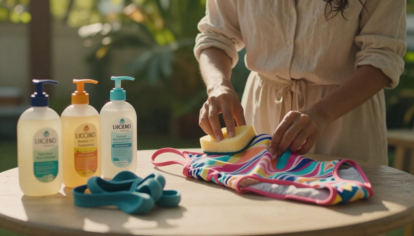 A serene and inviting scene portrays a warm outdoor setting dedicated to the cleaning of swimwear. In the foreground, a table displays various eco-friendly swimwear cleaning solutions and tools, neatly arranged with a focus on effective stain removal methods. In the middle, a person dressed in modest casual clothing carefully demonstrates a cleaning technique on a colorful, patterned swimsuit, using a soft sponge and a bottle of cleaner. The background features lush greenery and gentle sunlight filtering through the leaves, creating a cozy, intimate atmosphere. The image is captured with a warm color palette and soft, diffused lighting, evoking a cinematic vibe, all framed in a 4:3 aspect ratio.