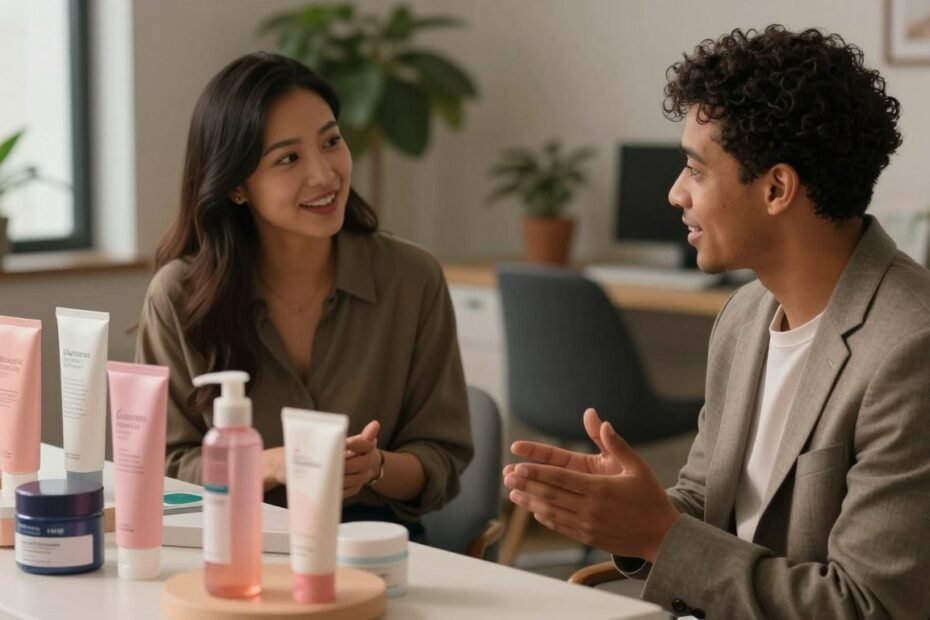 A cozy and intimate setting that embodies the relationship between sexual health and wellness. In the foreground, a beautifully arranged display of professional-grade adult wellness products, showcasing their innovative designs and colors in soft, warm lighting. Move to the middle ground where a diverse pair of individuals, dressed in smart, casual attire, engage in a thoughtful discussion. Their expressions are warm and approachable, hinting at a collaborative atmosphere. The background features subtle elements of a modern office space, with plants and soft, diffused light contributing to the overall ambiance. The scene should reflect a cinematic vibe, evoking a sense of trust and professionalism within the context of sexual health. Aspect ratio 4:3.