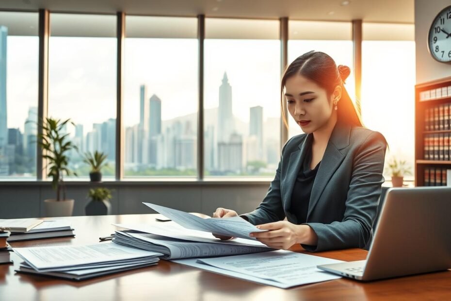 A professional office environment depicting a corporate secretary at work in Hong Kong. In the foreground, a focused and diligent female secretary, dressed in business attire, is reviewing legal documents and compliance guidelines at her desk, surrounded by neatly organized papers and a laptop. In the middle, a large window reveals a view of Hong Kong's skyline, with skyscrapers and greenery visible. The background features elements like a bookshelf filled with legal books and a wall clock, indicating professionalism and time management. Soft, natural lighting filters through the window, casting a warm glow, creating an atmosphere of diligence and responsibility. The image should capture the essence of legal requirements and standards for company secretaries in a bustling corporate setting.