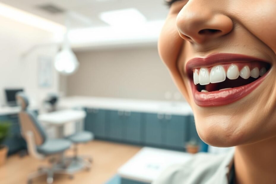 A close-up view of a smiling person showcasing their teeth after using customized dental strips to improve large gaps between their teeth. In the foreground, the person's radiant smile is highlighted, exhibiting straightened teeth with minimal gaps. The middle ground features a soft-focus dental clinic background with bright, clean lighting that conveys a professional and welcoming atmosphere. The person is dressed in smart casual attire, exuding confidence and happiness. The scene captures an uplifting mood, symbolizing the effectiveness of the dental strips in promoting a more appealing smile. The angle is slightly tilted to capture both the facial expression and the improved teeth, emphasizing the before-and-after effect of the dental treatment.