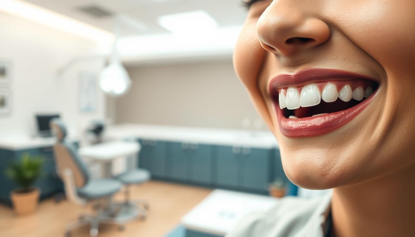 A close-up view of a smiling person showcasing their teeth after using customized dental strips to improve large gaps between their teeth. In the foreground, the person's radiant smile is highlighted, exhibiting straightened teeth with minimal gaps. The middle ground features a soft-focus dental clinic background with bright, clean lighting that conveys a professional and welcoming atmosphere. The person is dressed in smart casual attire, exuding confidence and happiness. The scene captures an uplifting mood, symbolizing the effectiveness of the dental strips in promoting a more appealing smile. The angle is slightly tilted to capture both the facial expression and the improved teeth, emphasizing the before-and-after effect of the dental treatment.