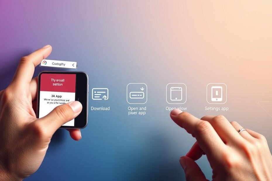 A detailed instructional graphic illustrating the steps to install the "3A" entertainment app on mobile devices. In the foreground, show a sleek smartphone displaying the app's interface, with hands performing taps on the screen. In the middle, arrange a series of stylized icons representing installation steps: downloading, opening, and setting up the app. The background should have a soft gradient color scheme, suggesting a digital environment, possibly with faint circuit patterns to evoke technology. Use bright, engaging lighting to enhance clarity and appeal. Capture the image from a cool top-down angle to emphasize the interaction with the device. The overall mood should be supportive and user-friendly, conveying professionalism and ease of installation.