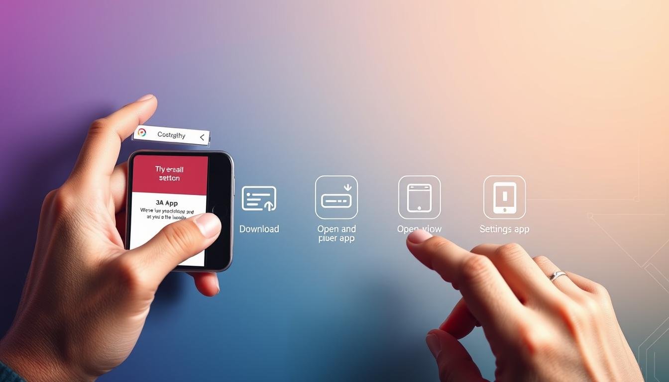 A detailed instructional graphic illustrating the steps to install the "3A" entertainment app on mobile devices. In the foreground, show a sleek smartphone displaying the app's interface, with hands performing taps on the screen. In the middle, arrange a series of stylized icons representing installation steps: downloading, opening, and setting up the app. The background should have a soft gradient color scheme, suggesting a digital environment, possibly with faint circuit patterns to evoke technology. Use bright, engaging lighting to enhance clarity and appeal. Capture the image from a cool top-down angle to emphasize the interaction with the device. The overall mood should be supportive and user-friendly, conveying professionalism and ease of installation.