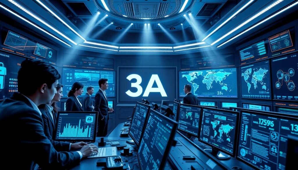 A futuristic cybersecurity command center showcasing "3A" prominently. In the foreground, a group of diverse professionals in business attire are engaged in a strategic discussion, analyzing complex data on sleek monitors displaying cybersecurity metrics. The middle ground features high-tech security systems, glowing with blue and green lights, and intricate digital interfaces. The background should have walls lined with digital screens showing global threat maps and alerts, emphasizing the seriousness of cybersecurity challenges. The lighting is cool and dramatic, with beams of light highlighting the focus areas. The atmosphere is intense yet collaborative, reflecting the urgency of maintaining brand integrity while navigating cybersecurity audits.