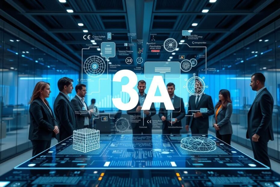 A modern, sleek representation of an advanced customer service system, emphasizing the semantic understanding technology developed by "3A". In the foreground, a diverse group of professionals in business attire are gathered around a digital interface displaying data analytics and AI-driven insights. The middle ground features holographic visualizations of conversational interactions, showcasing complex algorithms and neural networks. In the background, a futuristic office environment with glass walls and soft blue lighting creates a high-tech ambiance. The overall mood is innovative and collaborative, highlighting the integration of artificial intelligence in enhancing customer service. The lighting is bright and focused, capturing the energy of a cutting-edge tech workspace, shot at a dynamic angle to convey depth and engagement.