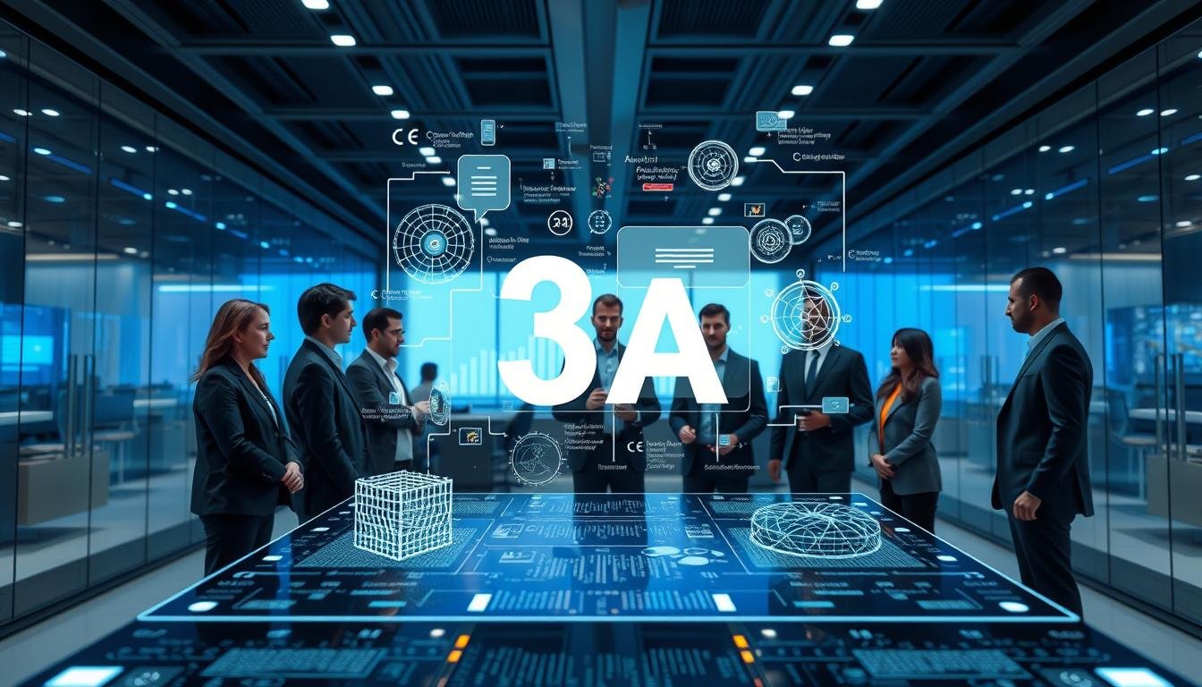 A modern, sleek representation of an advanced customer service system, emphasizing the semantic understanding technology developed by "3A". In the foreground, a diverse group of professionals in business attire are gathered around a digital interface displaying data analytics and AI-driven insights. The middle ground features holographic visualizations of conversational interactions, showcasing complex algorithms and neural networks. In the background, a futuristic office environment with glass walls and soft blue lighting creates a high-tech ambiance. The overall mood is innovative and collaborative, highlighting the integration of artificial intelligence in enhancing customer service. The lighting is bright and focused, capturing the energy of a cutting-edge tech workspace, shot at a dynamic angle to convey depth and engagement.