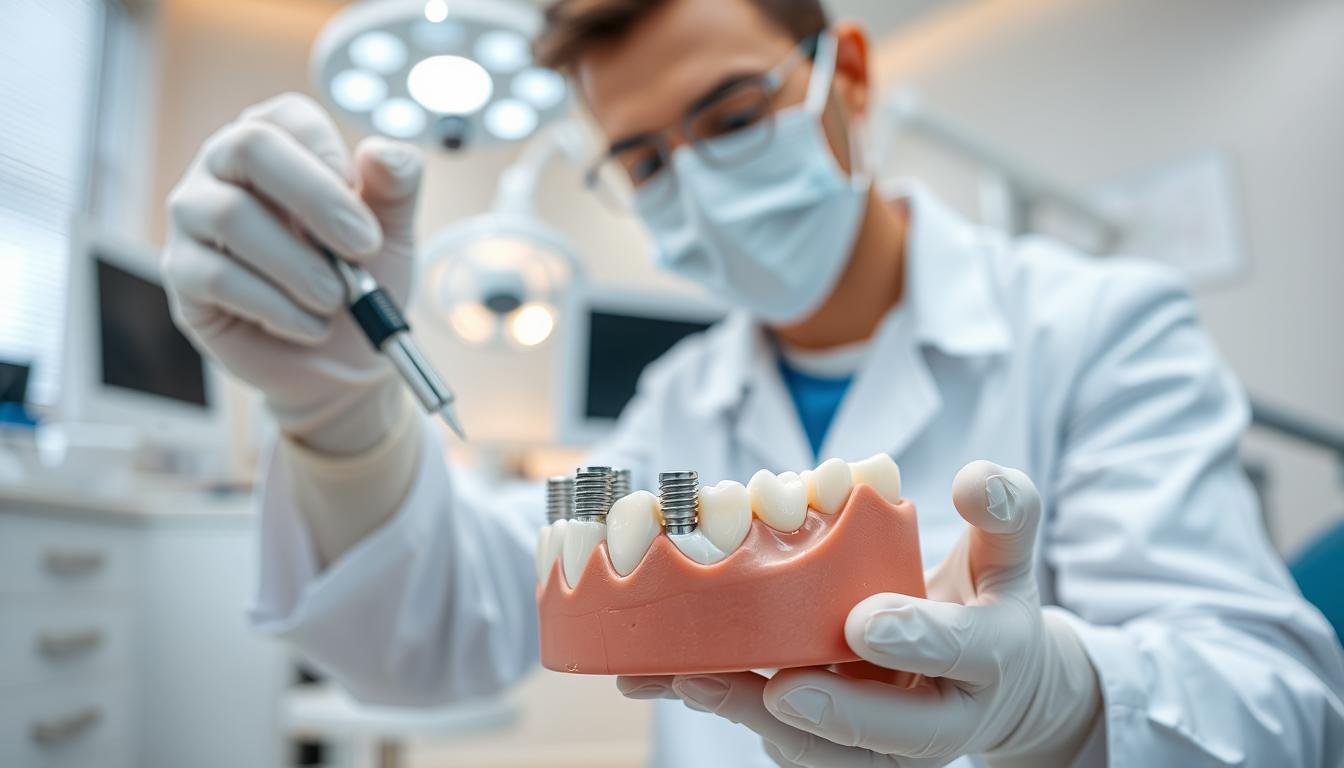 A dentist in a professional setting, wearing a white coat and surgical gloves, demonstrates a minimally invasive dental implant procedure. The foreground showcases the dentist working on a dental model, emphasizing precision tools like a small drill and implants. In the middle ground, a close-up of the dental model reveals distinct detail in the tiny incision made, highlighting the innovative technology. The background features a clean, well-lit dental clinic with modern equipment and soothing colors, creating a reassuring atmosphere. Soft, diffused lighting emphasizes the clinical environment, while a slight depth of field blurs unnecessary details, focusing on the dentist's skilled hands and the intricate dental work. Overall, the image conveys a sense of professionalism, safety, and advanced dental techniques.