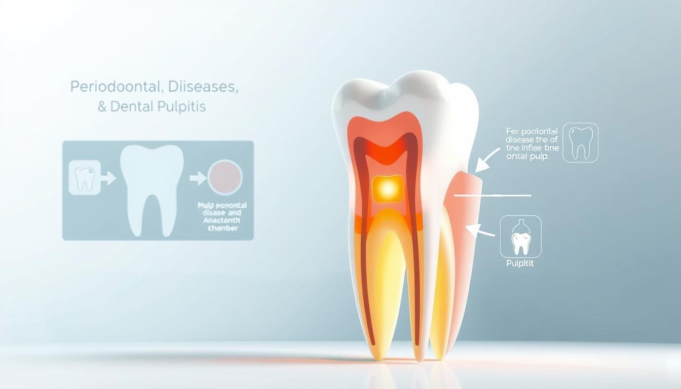 A detailed illustration depicting the relationship between periodontal disease and pulpitis. In the foreground, show a 3D diagram of a human tooth with labeled sections highlighting the periodontal tissues, pulp chamber, and surrounding structures, all rendered in a clean and educational style. In the middle ground, include subtle infographics indicating the effects of periodontal disease on dental pulp, using arrows and icons to convey the process of inflammation and infection. The background should consist of a soft gradient, suggesting a clinical environment, with cool, calming colors like light blue and white. Fine lighting should emphasize the tooth's details, and the overall atmosphere should feel informative but not overwhelming, making it suitable for an educational article.