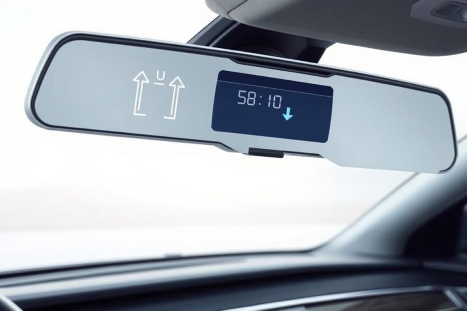 A detailed illustration of an electronic rearview mirror, showcasing the vertical angle adjustment mechanism. The foreground features a close-up of the sleek touch panel interface with clear symbols indicating upward and downward adjustments. The middle ground includes the mirror itself, angled slightly to reveal its reflective surface and digital readout, highlighting the mechanism inside. The background depicts a modern car interior with soft ambient lighting to create a high-tech atmosphere. The angle of the image is slightly tilted, simulating a driver's perspective. Ensure a clean, professional aesthetic devoid of any text or branding, emphasizing clarity and functionality.