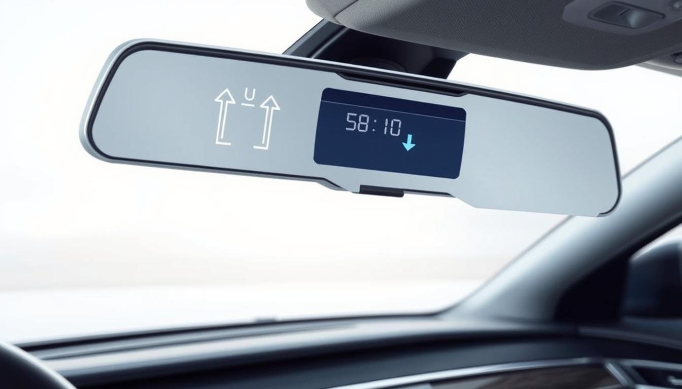 A detailed illustration of an electronic rearview mirror, showcasing the vertical angle adjustment mechanism. The foreground features a close-up of the sleek touch panel interface with clear symbols indicating upward and downward adjustments. The middle ground includes the mirror itself, angled slightly to reveal its reflective surface and digital readout, highlighting the mechanism inside. The background depicts a modern car interior with soft ambient lighting to create a high-tech atmosphere. The angle of the image is slightly tilted, simulating a driver's perspective. Ensure a clean, professional aesthetic devoid of any text or branding, emphasizing clarity and functionality.