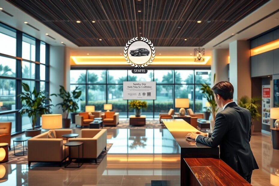 A modern hotel reception area showcasing a safe and compliant environment for consumers. In the foreground, a professional staff member in business attire stands behind a polished desk, warmly greeting a guest. In the middle, a spacious lobby with elegant decor, featuring comfortable seating areas, lush indoor plants, and clear signage highlighting safety certifications. The atmosphere is bright and inviting, with warm lighting creating a welcoming feel. In the background, large glass windows reveal a well-maintained outdoor landscape. The image captures a mood of professionalism and assurance, emphasizing the commitment to safety and legal standards in hotel hospitality. The composition should be engaging and visually harmonious, devoid of text or logos.