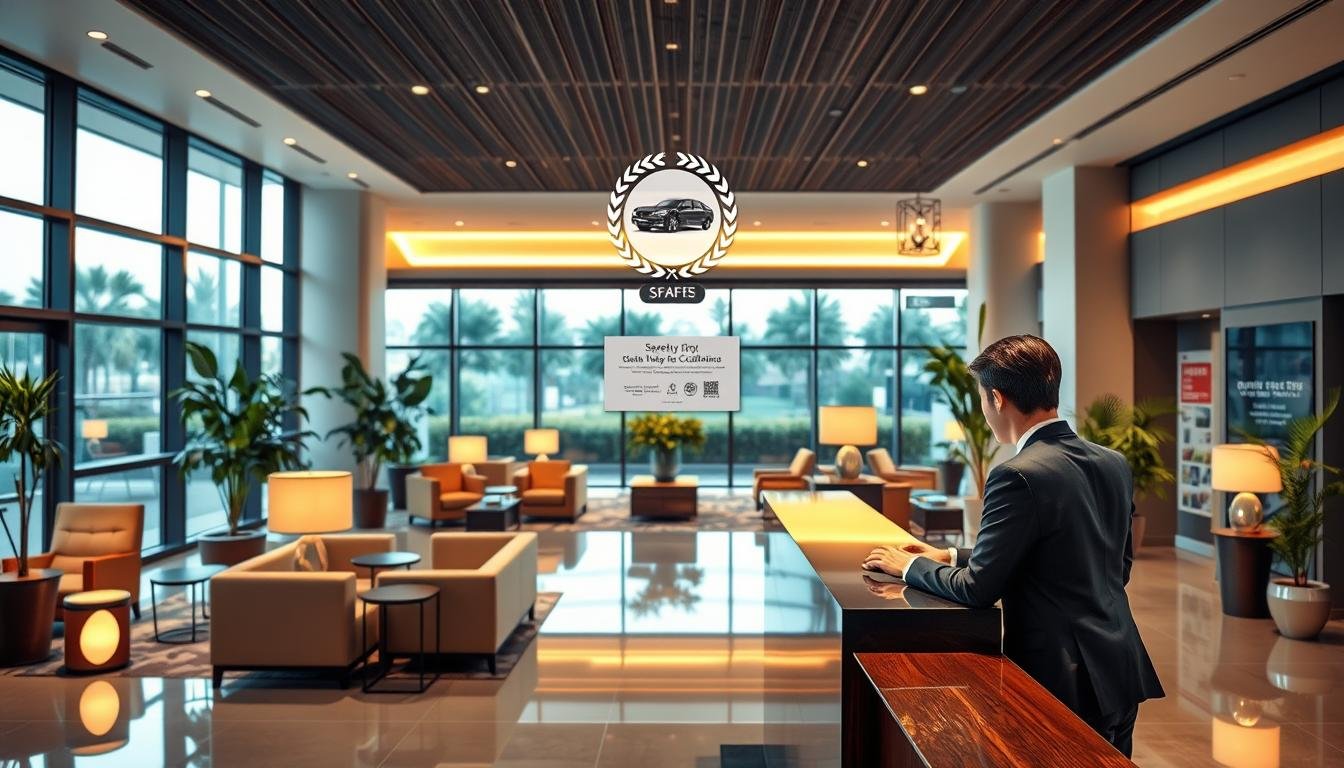 A modern hotel reception area showcasing a safe and compliant environment for consumers. In the foreground, a professional staff member in business attire stands behind a polished desk, warmly greeting a guest. In the middle, a spacious lobby with elegant decor, featuring comfortable seating areas, lush indoor plants, and clear signage highlighting safety certifications. The atmosphere is bright and inviting, with warm lighting creating a welcoming feel. In the background, large glass windows reveal a well-maintained outdoor landscape. The image captures a mood of professionalism and assurance, emphasizing the commitment to safety and legal standards in hotel hospitality. The composition should be engaging and visually harmonious, devoid of text or logos.