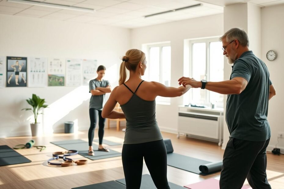 A professional physical therapist and a seasoned coach are collaborating during a therapy session in a bright, modern rehabilitation room. In the foreground, the therapist, dressed in smart casual attire, demonstrates a stretching routine to a patient, who appears focused and engaged. The middle of the scene showcases fitness equipment like resistance bands and yoga mats scattered around, emphasizing an active training environment. Soft, natural light floods the room through large windows, casting gentle shadows and creating an inviting atmosphere. In the background, various posters and charts depicting core stability exercises adorn the walls. The overall mood conveys a sense of encouragement, professionalism, and the importance of expert-guided training for enhancing core stability through functional movement practices.