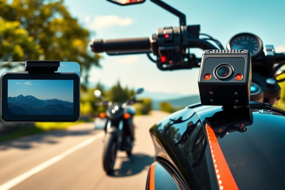 A sleek motorcycle fitted with a high-definition dash camera, showcasing its features prominently. In the foreground, the camera is detailed with a close-up view, highlighting its lens and recording lights. The middle ground reveals the motorcycle parked on a scenic road, surrounded by lush greenery and a clear blue sky. The background features a distant mountain range, enhancing the adventurous feel. The lighting is bright and natural, casting soft shadows, emphasizing the sleek lines of the motorcycle. The atmosphere is vibrant and dynamic, suggesting a blend of technology and adventure. The overall composition evokes a sense of excitement and utility, reflecting the functionality of motorcycle dash cameras.
