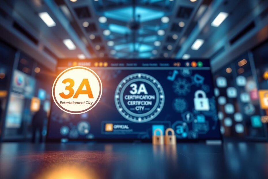 A visually engaging representation of an official certification webpage for "3A Entertainment City", incorporating a sleek and modern design. In the foreground, a large, stylized logo of "3A Entertainment City" is centrally positioned, highlighted with a captivating glow to signify legitimacy. The middle ground features a mock-up of a website interface displaying the official certification seal, with security symbols such as padlocks subtly integrated. The background has a soft-focus view of an abstract digital environment, hinting at online activity with blurred icons of social media platforms. Utilize bright, inviting lighting to create a trustworthy atmosphere, and apply a wide-angle lens effect to enhance the depth. The overall mood should convey a sense of security and professionalism in the context of online interactions.