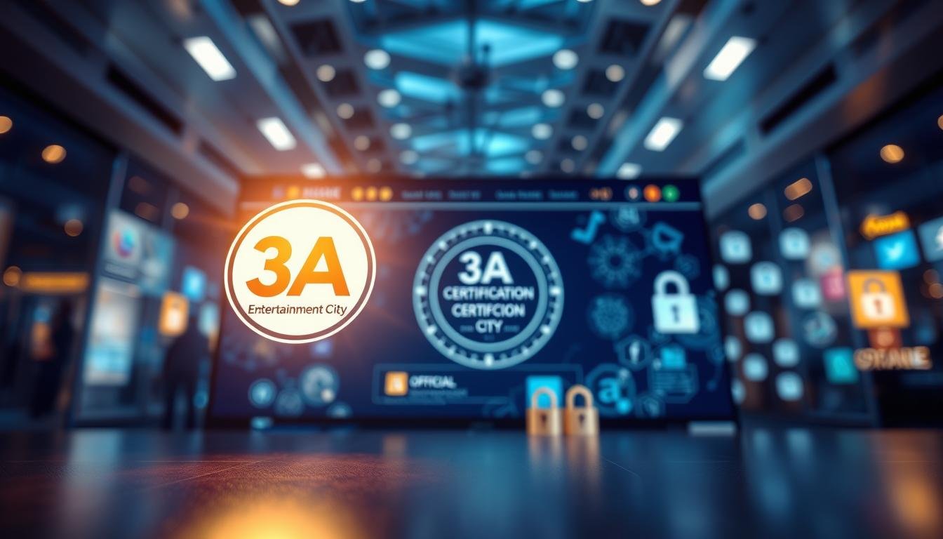 A visually engaging representation of an official certification webpage for "3A Entertainment City", incorporating a sleek and modern design. In the foreground, a large, stylized logo of "3A Entertainment City" is centrally positioned, highlighted with a captivating glow to signify legitimacy. The middle ground features a mock-up of a website interface displaying the official certification seal, with security symbols such as padlocks subtly integrated. The background has a soft-focus view of an abstract digital environment, hinting at online activity with blurred icons of social media platforms. Utilize bright, inviting lighting to create a trustworthy atmosphere, and apply a wide-angle lens effect to enhance the depth. The overall mood should convey a sense of security and professionalism in the context of online interactions.