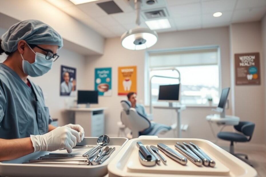 A well-lit dental clinic interior, showcasing a state-of-the-art examination room focused on wisdom tooth check-ups. In the foreground, a dental professional wearing scrubs and a surgical mask prepares equipment like dental mirrors and X-ray tools on a clean, organized tray. In the middle ground, a patient sits in a modern dental chair, appearing calm but slightly apprehensive, with bright overhead lighting illuminating their face. The background features colorful dental posters about oral health, and a large window allows natural light to fill the space, creating a welcoming atmosphere. The image should evoke a sense of professionalism and care, emphasizing the importance of dental health in a soothing environment.