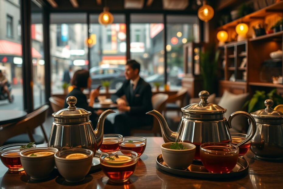 A cozy tea shop in Taichung, filled with warm, soft lighting that creates an inviting atmosphere. In the foreground, an elegantly arranged table showcases a selection of tea pots and delicate cups filled with aromatic teas, garnished with fresh herbs and citrus. The middle ground features a couple seated comfortably, dressed in professional business attire, engaged in a relaxed conversation over their tea. In the background, large windows reveal a glimpse of the bustling streets of Taichung, slightly blurred to create depth. Capture the cinematic vibe with a warm tone, emphasizing the intimate and tranquil setting, framed in a 4:3 aspect ratio.