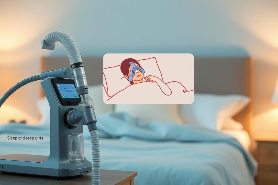 A detailed and informative depiction of the workings of a sleep apnea machine. In the foreground, a sleek, modern CPAP machine with essential parts labeled, like the air hose and mask. In the middle layer, a stylized illustration of the machine in use, showing a person comfortably sleeping with the mask on, dressed in modest sleepwear. The background is a soft-focus bedroom environment, gently lit with a warm glow from bedside lamps, creating a calm and inviting atmosphere. The scene should convey a sense of tranquility and improved sleep quality, with the focus on the technology’s purpose and effectiveness in enhancing restful nights.