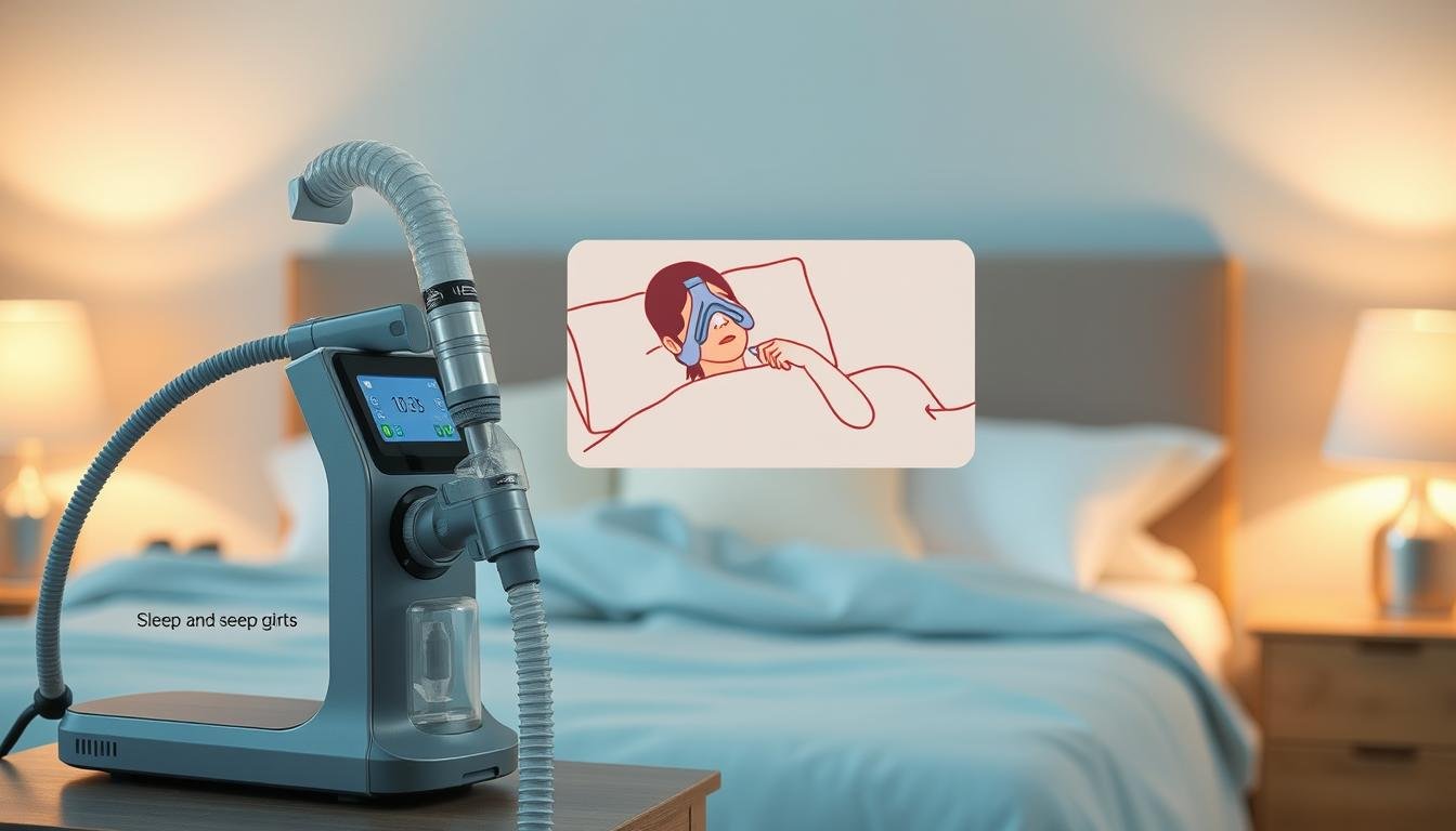 A detailed and informative depiction of the workings of a sleep apnea machine. In the foreground, a sleek, modern CPAP machine with essential parts labeled, like the air hose and mask. In the middle layer, a stylized illustration of the machine in use, showing a person comfortably sleeping with the mask on, dressed in modest sleepwear. The background is a soft-focus bedroom environment, gently lit with a warm glow from bedside lamps, creating a calm and inviting atmosphere. The scene should convey a sense of tranquility and improved sleep quality, with the focus on the technology’s purpose and effectiveness in enhancing restful nights.