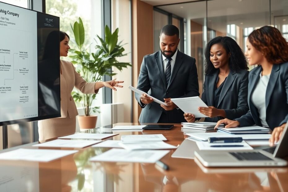 A professional office environment featuring a diverse group of business people discussing the steps to establish a partnership company, known as an "infinite company." In the foreground, a well-dressed Asian woman points at a complex flowchart on a large screen, illustrating legal obligations. Beside her, a Caucasian man takes notes on a digital tablet, while a Black woman in business attire gestures towards a stack of legal documents. In the middle, a polished conference table is strewn with legal papers, pens, and laptops, reflecting a serious atmosphere. The background shows a modern office setting with glass walls and greenery, highlighting a collaborative and professional mood. Soft, natural lighting filters in, casting a warm glow over the scene, captured from a slightly elevated angle to provide depth.