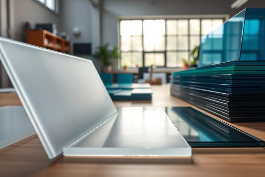 A well-organized workspace showcasing a selection of flat polycarbonate sheets in various colors, textures, and thicknesses. In the foreground, a close-up view of a clear polycarbonate sheet with a smooth surface and a frosted variant beside it, highlighting their customization options. The middle ground features additional sheets in shades of blue, green, and smoke, arranged neatly to display versatility. In the background, soft natural lighting filters through a large window, casting gentle shadows that enhance the sheets' transparency and colors. The atmosphere is professional and inviting, emphasizing the practical applications of polycarbonate in architecture and industry. The angle of the shot is slightly elevated, allowing a clear view of the product details while maintaining a clean and minimalist aesthetic.