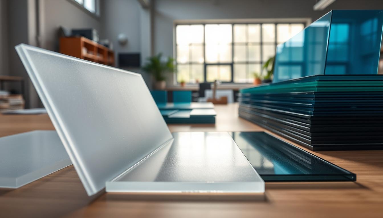 A well-organized workspace showcasing a selection of flat polycarbonate sheets in various colors, textures, and thicknesses. In the foreground, a close-up view of a clear polycarbonate sheet with a smooth surface and a frosted variant beside it, highlighting their customization options. The middle ground features additional sheets in shades of blue, green, and smoke, arranged neatly to display versatility. In the background, soft natural lighting filters through a large window, casting gentle shadows that enhance the sheets' transparency and colors. The atmosphere is professional and inviting, emphasizing the practical applications of polycarbonate in architecture and industry. The angle of the shot is slightly elevated, allowing a clear view of the product details while maintaining a clean and minimalist aesthetic.
