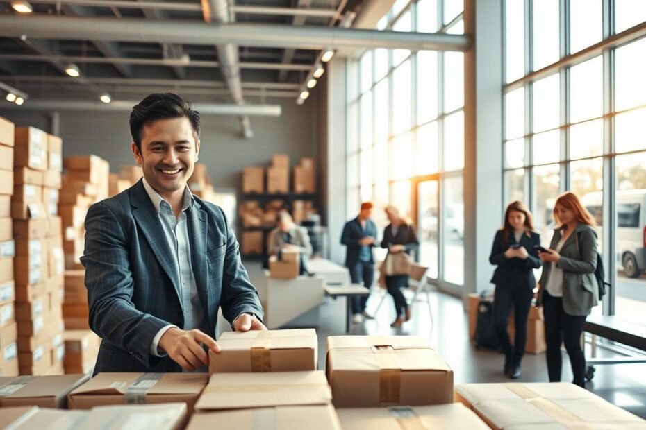 A modern logistics service center showcasing efficient package handling for international purchases. In the foreground, a smiling professional wearing a business casual outfit is sorting packages against a backdrop of neatly stacked boxes. The middle ground features a small waiting area with customers checking their mobile devices, eager for their deliveries. In the background, large windows let in bright, warm sunlight, illuminating the space and creating a welcoming atmosphere. Include elements of both in-store pickup counters and delivery service vehicles visible outside, symbolizing the blend of convenience and service. The scene captures an organized and professional environment, signifying reliability in international shipping and delivery options.