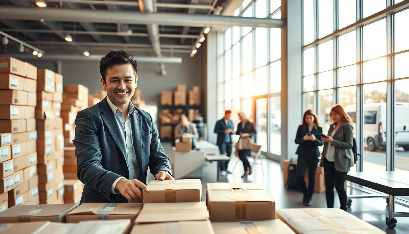 A modern logistics service center showcasing efficient package handling for international purchases. In the foreground, a smiling professional wearing a business casual outfit is sorting packages against a backdrop of neatly stacked boxes. The middle ground features a small waiting area with customers checking their mobile devices, eager for their deliveries. In the background, large windows let in bright, warm sunlight, illuminating the space and creating a welcoming atmosphere. Include elements of both in-store pickup counters and delivery service vehicles visible outside, symbolizing the blend of convenience and service. The scene captures an organized and professional environment, signifying reliability in international shipping and delivery options.