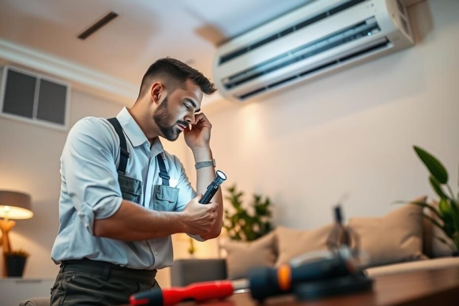 A professional HVAC technician in a neat uniform, carefully inspecting an air conditioning unit inside a residential living room. The technician is focused and using a flashlight to highlight areas of concern, while tools are neatly arranged on a nearby table. In the background, a modern living room setting with soft lighting, creating a warm and inviting atmosphere. The walls are painted in soft neutral colors, with some decorative plants adding a touch of freshness. This scene evokes a sense of professionalism and quality service. The angle is slightly low, emphasizing the technician's attention to detail, while ensuring the overall mood feels trustworthy and reassuring.