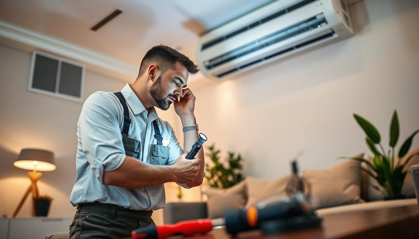 A professional HVAC technician in a neat uniform, carefully inspecting an air conditioning unit inside a residential living room. The technician is focused and using a flashlight to highlight areas of concern, while tools are neatly arranged on a nearby table. In the background, a modern living room setting with soft lighting, creating a warm and inviting atmosphere. The walls are painted in soft neutral colors, with some decorative plants adding a touch of freshness. This scene evokes a sense of professionalism and quality service. The angle is slightly low, emphasizing the technician's attention to detail, while ensuring the overall mood feels trustworthy and reassuring.