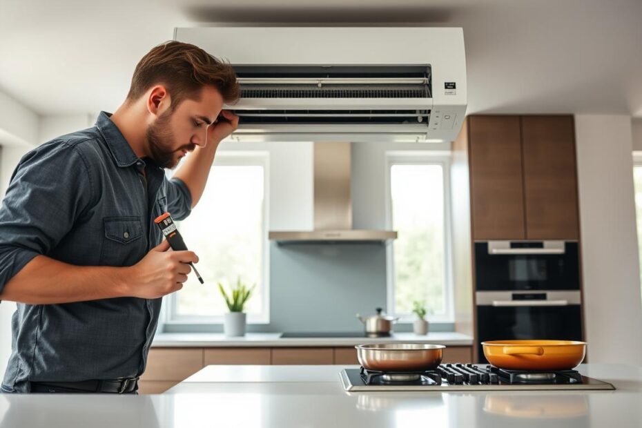 A professional air conditioning installation scene in an open kitchen environment, showcasing a technician in smart casual clothing carefully positioning an air conditioning unit. The foreground features the technician focused on aligning the unit with precision tools in hand. In the middle, a modern open kitchen layout is visible, with a sleek countertop and cooking appliances, illustrating the interplay of heat sources and cooking oils. The background shows large windows letting in natural light, enhancing the atmosphere of warmth and innovation. Soft, neutral lighting creates a clean and inviting ambiance, emphasizing the importance of strategic layout planning in such environments. A slight angle shot captures both the technician's actions and the kitchen's aesthetic cohesively.