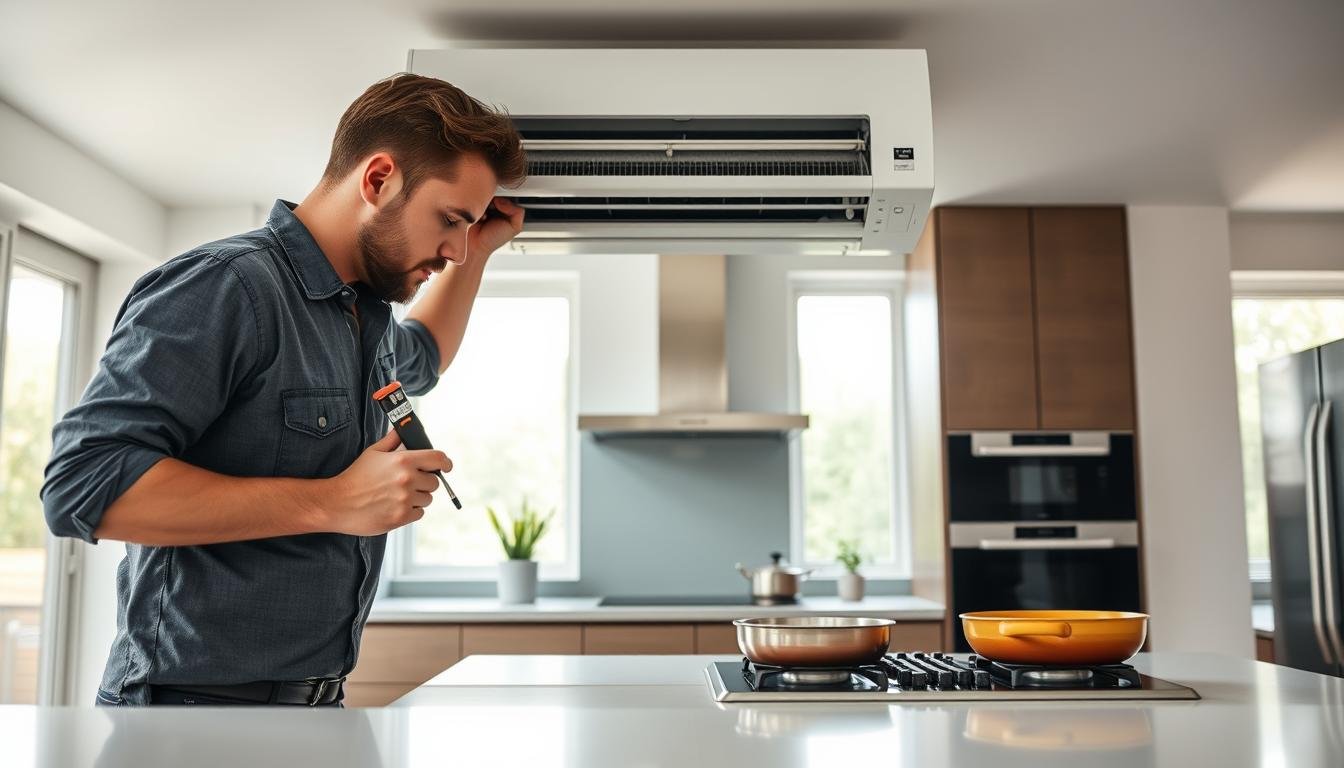 A professional air conditioning installation scene in an open kitchen environment, showcasing a technician in smart casual clothing carefully positioning an air conditioning unit. The foreground features the technician focused on aligning the unit with precision tools in hand. In the middle, a modern open kitchen layout is visible, with a sleek countertop and cooking appliances, illustrating the interplay of heat sources and cooking oils. The background shows large windows letting in natural light, enhancing the atmosphere of warmth and innovation. Soft, neutral lighting creates a clean and inviting ambiance, emphasizing the importance of strategic layout planning in such environments. A slight angle shot captures both the technician's actions and the kitchen's aesthetic cohesively.