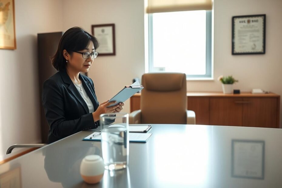 A professional psychiatrist, Dr. Leung Yuen-Shan, sits at a sleek, modern desk in a warmly lit office, reviewing notes on a clipboard. She is dressed in smart business attire, radiating professionalism and empathy. In the foreground, a glass of water and a few psychological assessment tools are placed neatly on the desk. In the middle, a comfortable chair faces Dr. Leung, symbolizing the patient’s presence, but the chair is empty, indicating a moment of contemplation. The background features soft colors on the walls, framed certificates, and a window allowing gentle daylight to illuminate the scene, creating a calm and inviting atmosphere. The mood is both serious and supportive, capturing the essence of a thorough diagnostic process in psychiatry.