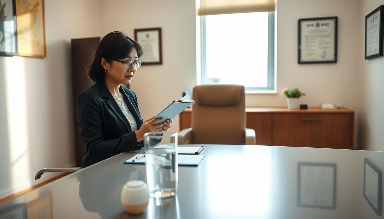 A professional psychiatrist, Dr. Leung Yuen-Shan, sits at a sleek, modern desk in a warmly lit office, reviewing notes on a clipboard. She is dressed in smart business attire, radiating professionalism and empathy. In the foreground, a glass of water and a few psychological assessment tools are placed neatly on the desk. In the middle, a comfortable chair faces Dr. Leung, symbolizing the patient’s presence, but the chair is empty, indicating a moment of contemplation. The background features soft colors on the walls, framed certificates, and a window allowing gentle daylight to illuminate the scene, creating a calm and inviting atmosphere. The mood is both serious and supportive, capturing the essence of a thorough diagnostic process in psychiatry.
