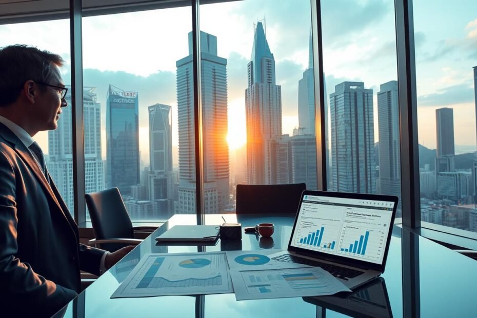 A modern office setting in Wan Chai, Hong Kong, featuring a sleek workspace with large windows overlooking the bustling cityscape. The foreground depicts a professional businessman in a tailored suit, engaging in a discussion with a colleague, who is dressed in professional attire. In the middle, a stylish desk displays charts and graphs analyzing rental prices, with a laptop open showcasing a spreadsheet. The background highlights iconic buildings, casting intricate shadows as the sun sets, creating a warm glow in the room. Soft, natural lighting enhances the atmosphere, evoking a sense of professionalism and opportunity. Capture the essence of a strategic business meeting focused on optimal price analysis for office rentals in Wan Chai, ensuring a visually compelling representation.