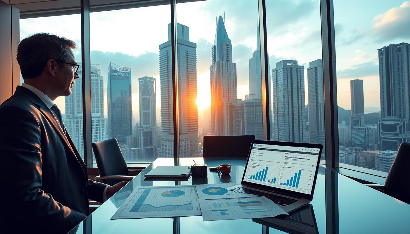 A modern office setting in Wan Chai, Hong Kong, featuring a sleek workspace with large windows overlooking the bustling cityscape. The foreground depicts a professional businessman in a tailored suit, engaging in a discussion with a colleague, who is dressed in professional attire. In the middle, a stylish desk displays charts and graphs analyzing rental prices, with a laptop open showcasing a spreadsheet. The background highlights iconic buildings, casting intricate shadows as the sun sets, creating a warm glow in the room. Soft, natural lighting enhances the atmosphere, evoking a sense of professionalism and opportunity. Capture the essence of a strategic business meeting focused on optimal price analysis for office rentals in Wan Chai, ensuring a visually compelling representation.